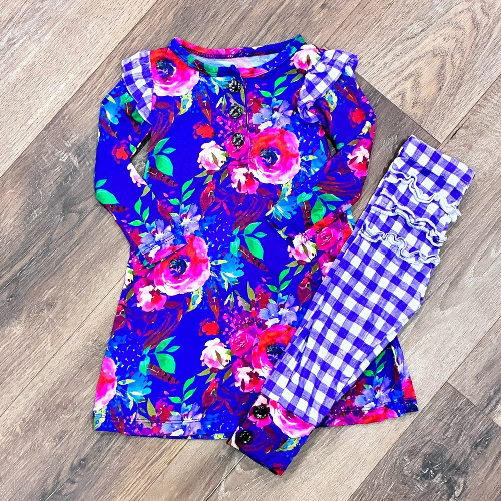Gigi & Max Blue Floral Matching Set Outfit Gingham Long Sleeves Bamboo 18m
